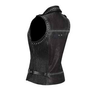 Chaleco de cuero genuino para mujer, negro, informal, sin mangas, con tachuelas, solapa y cremallera, estilo motero, top de moda, abrigo de exterior para mujer, el más vendido. - Product Image 3
