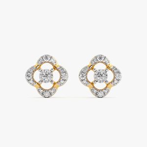 Pendientes de Oro Amarillo con Diamante Cultivado en Laboratorio, Diseño Floral de Cuatro Pétalos con Halo - Product Image 2