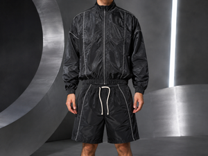 Ensemble coupe-vent deux pièces pour homme : veste et short respirants, personnalisables avec fermeture éclair, logo sur mesure devant et derrière - Product Image 2