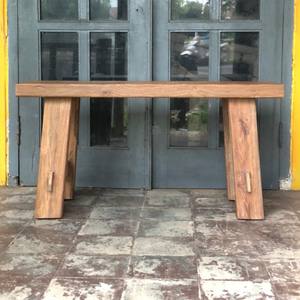 Tabouret rustique en teck recyclé, style Wabi-Sabi, fait main, banc en bois massif vintage pour salon et hôtel - Product Image 1