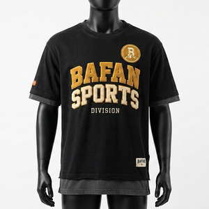 Camiseta de hombre de doble capa de algodón y poliéster, jersey exterior de 200 GSM, interior de 160 GSM, negro, gris oscuro, dobladillo personalizado con logo impreso en serigrafía. - Product Image 5