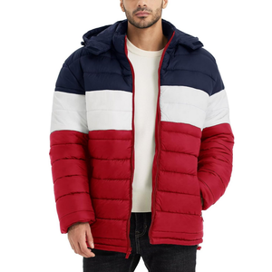 Men's Red White And Navy Block Puffer <b>Jacket</b> Insulated Warm Bubble Coat With Hood For Winter Outdoor Sports Activity - Product Image 1