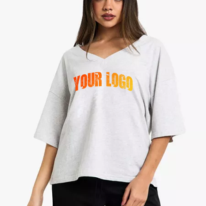 Camisetas de cuello en V para mujer, 100% algodón, estilo veraniego, camisetas con logo personalizado, ropa de calle, moda, camisetas oversize a bajo precio. - Product Image 6