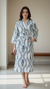 Soft Cotton Hand Block Print <b>Bathrobe</b> Floral Design Women Spa Robe Lightweight Comfort Morning Gown Dressing Robe - Product Image 2