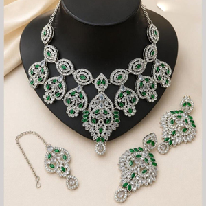 JeweleMarket Women's Silver Plated Crystal Rhinestone <b>Indian</b> Traditional Bridal Jewelry <b>Set</b> <b>Necklace</b> Maang Tikka Wedding - Product Image 3