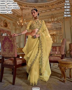 Yellow Royale <b>Tissue</b> Saree for <b>Wedding</b> & Diwali-Wrinkle Free & Moisture Wicking - Product Image 1