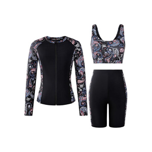 Ensemble de maillot de bain 3 pièces pour femmes, manches longues, fermeture éclair sur le devant, séchage rapide, imprimé, motif Paisley noir et blanc - Product Image 4