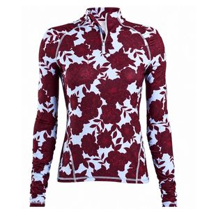 Kaos Golf Wanita Lengan Panjang Kerah Setengah Resleting Burgundy Sublimasi, Atasan Olahraga Bermotif Bunga untuk Latihan Luar Ruangan - Product Image 1