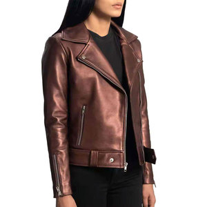 Veste de moto en cuir véritable pour femmes, manteau de motard à manches longues avec fermeture éclair, vêtements d'automne - Product Image 4