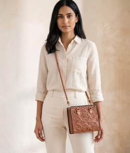 Hand Carved Genuine Leather Bohemian <b>Summer</b> Shoulder Bag Embroidery Braided Handles Floral Pattern Eco-Friendly Tote <b>Handbag</b> for - Product Image 5