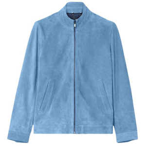 <b>Men's</b> Blue Suede Zip Up Jacket Stand Collar Casual <b>Leather</b> <b>Coat</b> - Product Image 1
