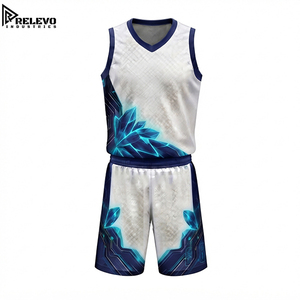 Conjunto de Camiseta y Pantalones Cortos de Baloncesto Sublimados para Hombre, Diseño OEM Premium, Estampado Cyberpunk de Cristal Luminoso Blanco y Azul, Uniforme Deportivo - Product Image 1