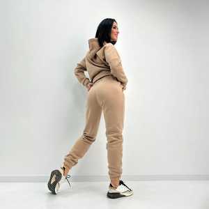 Ensemble de survêtement décontracté pour femme, beige, à capuche, manches longues, couleur unie, avec poches latérales et taille élastique, idéal pour l'automne - Product Image 3