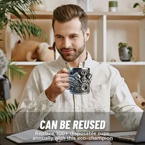 Mug isotherme en acier inoxydable robuste à double paroi, design moteur V6/V8, avec poignée antidérapante, style automobile vintage, pour bière - Product Image 4