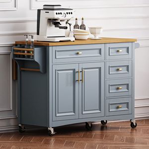 Isla de Cocina de 52 Pulgadas con Textura en Relieve, con Estante para Especias, Toallero, 2 Puertas y 5 Cajones, Islas y Carritos de Cocina con Ruedas - Product Image 1