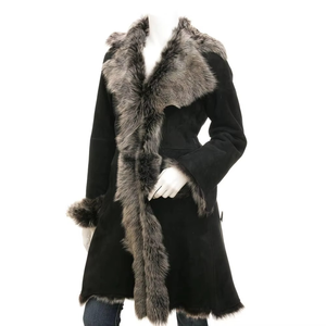 Women's Regular Black Canvas Coat Fox <b>Fur</b> Collar Cuffs Breathable Windproof Winter Elegant Style Full Sleeve Detachable Lining - Product Image 1