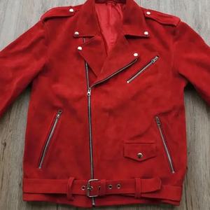 แจ็กเก็ตหนังกลับสีแดงไซส์พลัสไซส์แจ็คเก็ตขี่มอเตอร์ไซค์สไตล์วินเทจ - Product Image 4