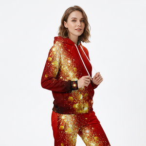 Survêtement unisexe à capuche rouge et or avec imprimé scintillant, coupe longue, décontracté, pour l'hiver, en polyester respirant, imprimé par sublimation - Product Image 4