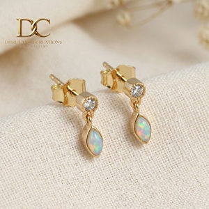 14KT Solid Yellow Gold Ethiopian <b>Opal</b> Drop <b>Earrings</b> with Lab Grown Diamond Bezel Studs Handmade IGI Fine Jewelry for Women - Product Image 5