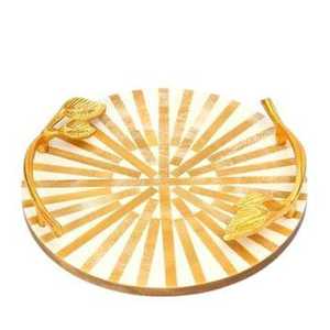 Plateau rond en résine moderne à motif soleil doré et blanc avec poignées en forme de branche, plateau de service circulaire de luxe, centre de table - Product Image 1