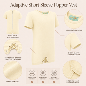 Body de Tirantes con Cierre en Color Marfil Claro |   Ropa Sensorial Especial para Niños, Prendas Inclusivas de Manga Corta, Algodón Elástico, Adaptable y Suave - Product Image 3
