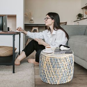 Pouf Ottomano Decorativo Boho Moderno in Giunco Marino Naturale con Seduta Imbottita Morbida, Poggiapiedi Intrecciato a Mano Stile Bohemien - Product Image 6