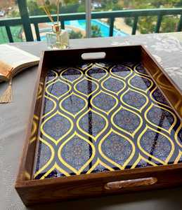 Rectangle Wood Serving Tray Blue Gold Inlay Handpainted Moroccan Pattern Handmade <b>Decorative</b> <b>Plate</b> - Product Image 1