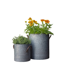 Macetas de metal galvanizado de primera calidad con asas de cuerda para uso en jardín, interior y exterior, juego de dos macetas duraderas para flores - Product Image 1