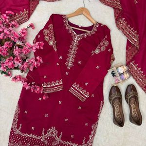 Vichitra Silk Kurti Palazzo Set With Zari Sequins Embroidery Dupatta Wholesale Manufacturer - Product Image 3
