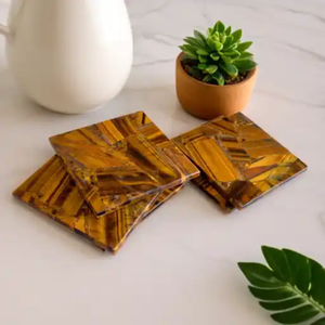 Juego de Posavasos de Piedra de Cuarzo Ojo de Tigre Hechos a Mano |   Posavasos de piedras preciosas ricas en hierro |   Decoración con Bandas de Luz |   Regalo Premium |   2026 - Product Image 1