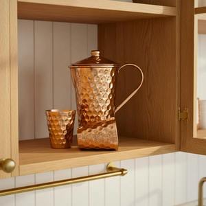 เหยือกน้ำทองแดงแท้ตีขึ้นรูปด้วยมือ งานฝีมือจากอินเดีย เหมาะสำหรับสุขภาพและการรับประทานอาหารในครอบครัว - Product Image 5