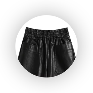 High <b>Waist</b> Black PU Leather Shorts Women <b>Elastic</b> <b>Waist</b> Skinny Fit Breathable Light Moto Biker Style Pockets Solid Color Short - Product Image 2