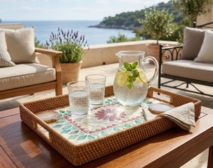 Handcrafted Rattan and Mother of Pearl Inlay Decorative <b>Tray</b> <b>Large</b> Rectangular Ottoman Coffee Table Serving <b>Tray</b> from Vietnam - Product Image 6