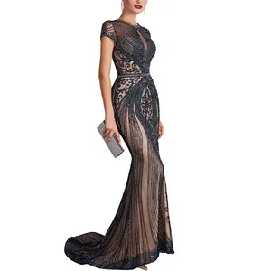 Robes de Soirée et de Bal pour Femmes Africaines, Col en V, Coupe Évasée, Paillettes, Perles, Broderies, en Crêpe, Effet Illusion, Longueur Genou Naturelle - Product Image 1