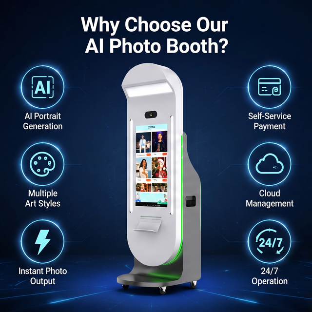OEM AI Photo Booth Machine with Custom Branding Solution, Self Service Photo Kiosk for Global Distributors