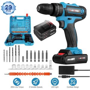 28V Cordless Drill Set with 2Pcs Batteries Charger 3/8In Keyless Chuck 25+3 Torque Positions 2 Variable Speeds 265ln Lbs - Product Image 1