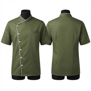 เสื้อเชฟยูนิเซ็กซ์ พรีเมียม ผ้าคอตตอนโพลีเอสเตอร์ทวิล 200 GSM สีเขียวมะกอก แขนสั้น คอไขว้ พิมพ์ลายซิลค์สกรีน สำหรับชุดยูนิฟอร์ม - Product Image 1