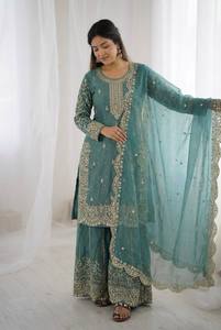 Costume palazzo ethnique pour femmes avec bordure en dentelle et dupatta - Product Image 3