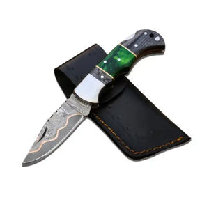 Cuchillo de Bolsillo Multifuncional de Acero de Damasco Industrial Hecho a Mano, Personalizado OEM Burraq, con Funda de Cuero, Regalo de Aniversario para Padrinos de Boda - Product Image 1