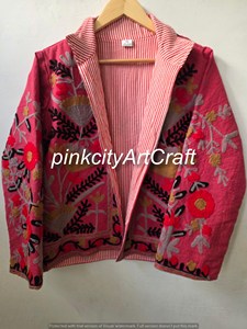 Chaqueta Acolchada de Algodón con Bordado Suzani Rosa, Tejida a Mano, Transpirable y Ecológica, de Longitud Regular, Estilo Mandarín, para Invierno - Product Image 6