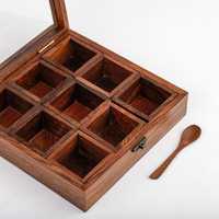 Boîte à épices artisanale en bois Masala Dabba, 9 compartiments, ensemble organisateur d'épices indien, couvercle en verre, cuillère, style rustique, cuisine, compatible lave-vaisselle