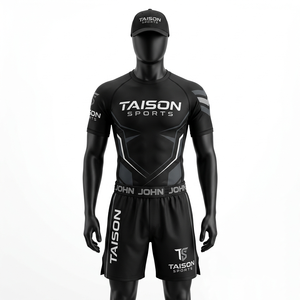 Rashguard et short de combat BJJ en polyester et élasthanne 260 GSM de qualité supérieure, design à panneaux bleu-gris, sublimation personnalisée - Product Image 3