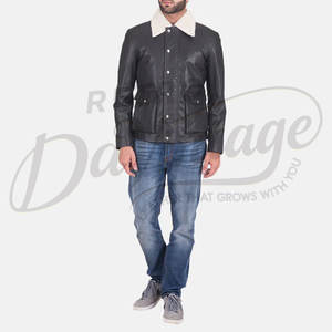 Chaqueta de Cuero Genuino Negra para Hombre con Cuello de Piel Sherpa Blanca, Chaqueta de Cuero Estilo Biker Casual, Ajustada y Cálida para Invierno - Product Image 3