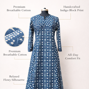 ชุดเดรสผ้าฝ้ายอินดิโก้ทำมือ คอวีเล็ก แขนยาว มีกระเป๋าข้าง ลายกอลี พิมพ์ลายดอกไม้ ชุดเดรสหรูหราสำหรับผู้หญิง - Product Image 5