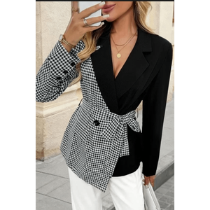 Blazer asimétrico bicolor con cinturón y estampado de pata de gallo, blazer asimétrico con bloques de color y materiales mixtos, solapa con muescas y escote profundo. - Product Image 2