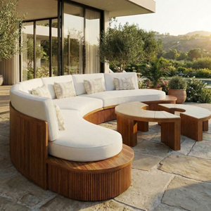 Luxury Curved Teak Outdoor Sofa Set with Round <b>Coffee</b> <b>Table</b> – Modern Resort Patio Furniture - Product Image 1