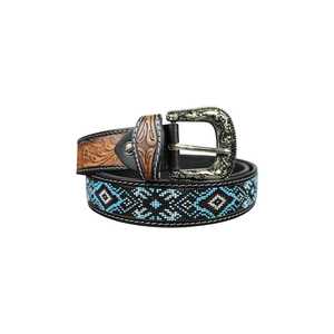<b>Western</b> Embroidered Beaded Leather <b>Belt</b> With Geometric Pattern Silver Alloy Buckle Casual Ethnic Style Durable Handcrafted <b>Belt</b> - Product Image 1