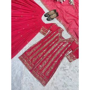 Ropa de Diseñador India y Pakistaní, Elegante Conjunto de Fiesta, Top-Plazzo y Dupatta - Product Image 4