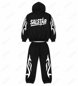 Conjunto de chándal negro personalizado para hombre, sudadera con capucha y pantalones deportivos, estampado de llamas negras, ropa deportiva informal, conjunto de 2 piezas - Product Image 4