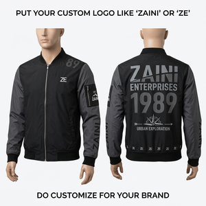 เสื้อแจ็คเก็ตบอมเบอร์พรีเมียม 240 GSM ผ้าโพลีเอสเตอร์/ไนลอน กันลม มีฮู้ด สีดำ/เทา แต่งแผงสีตัดกัน ปักโลโก้ตามสั่ง แบบยูนิเซ็กส์ สวมใส่สบาย - Product Image 1